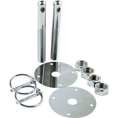 Hood Pin, 1/2 in OD x 4 in Long, 2-1/2 in OD Scuff Plates, Torsion Clips, Hardware Included, Steel, Chrome, Kit